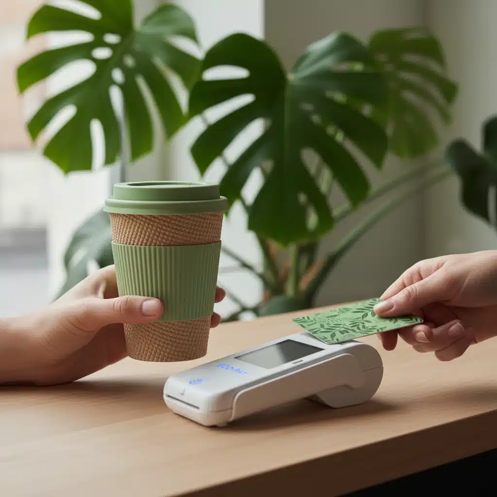 Hands holding a sustainable reusable coffee cup while making a contactless payment, representing eco-conscious consumerism and ethical brand engagement.