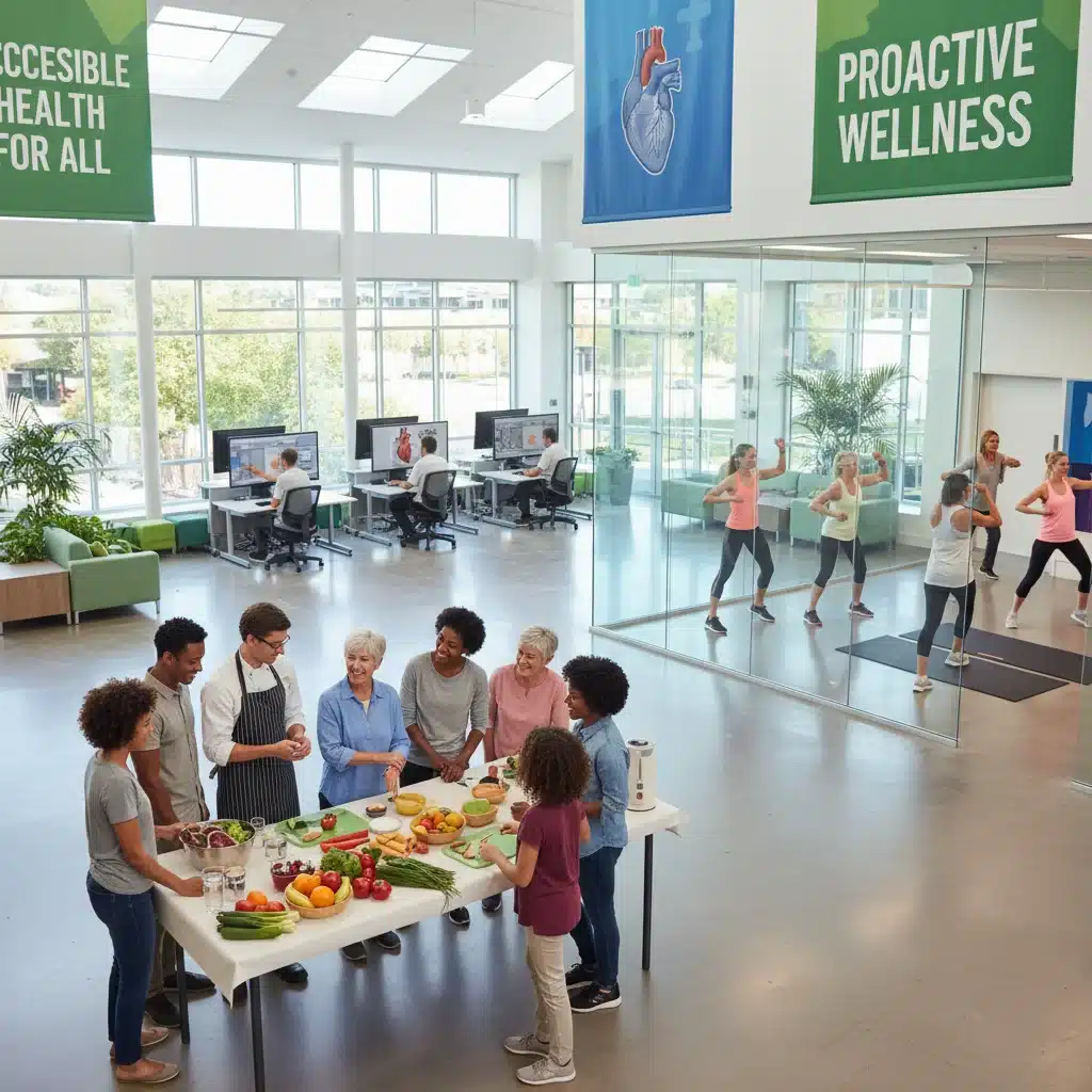Community members engaged in various health and wellness activities at a modern community center.