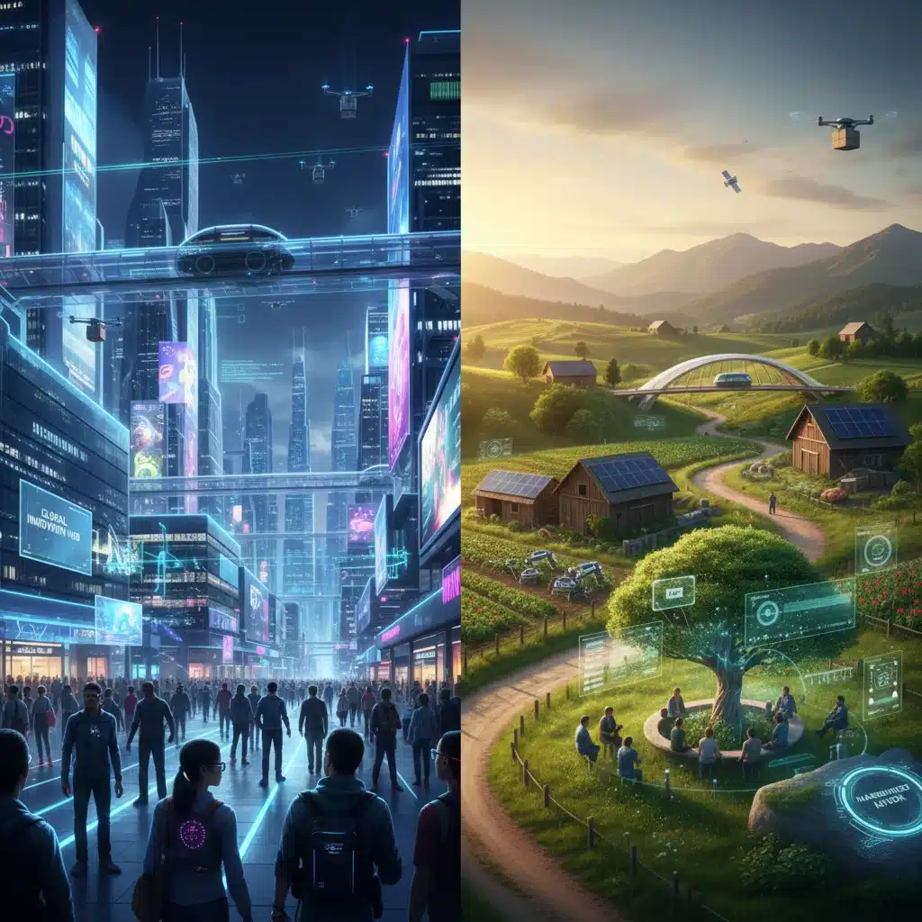 Urban skyline contrasted with rural digital connectivity, illustrating migration and infrastructure.