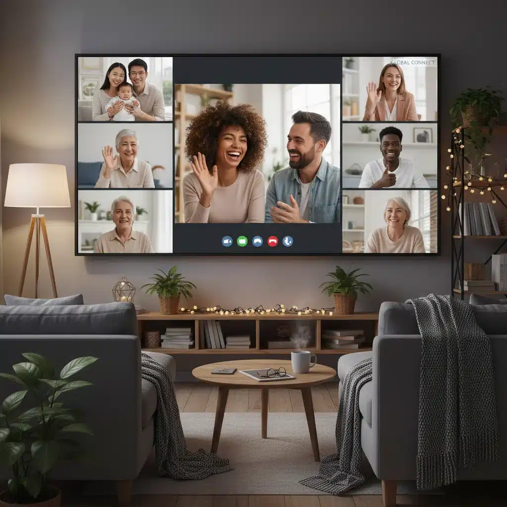 Diverse group engaging in a virtual community video call, showing digital connection.