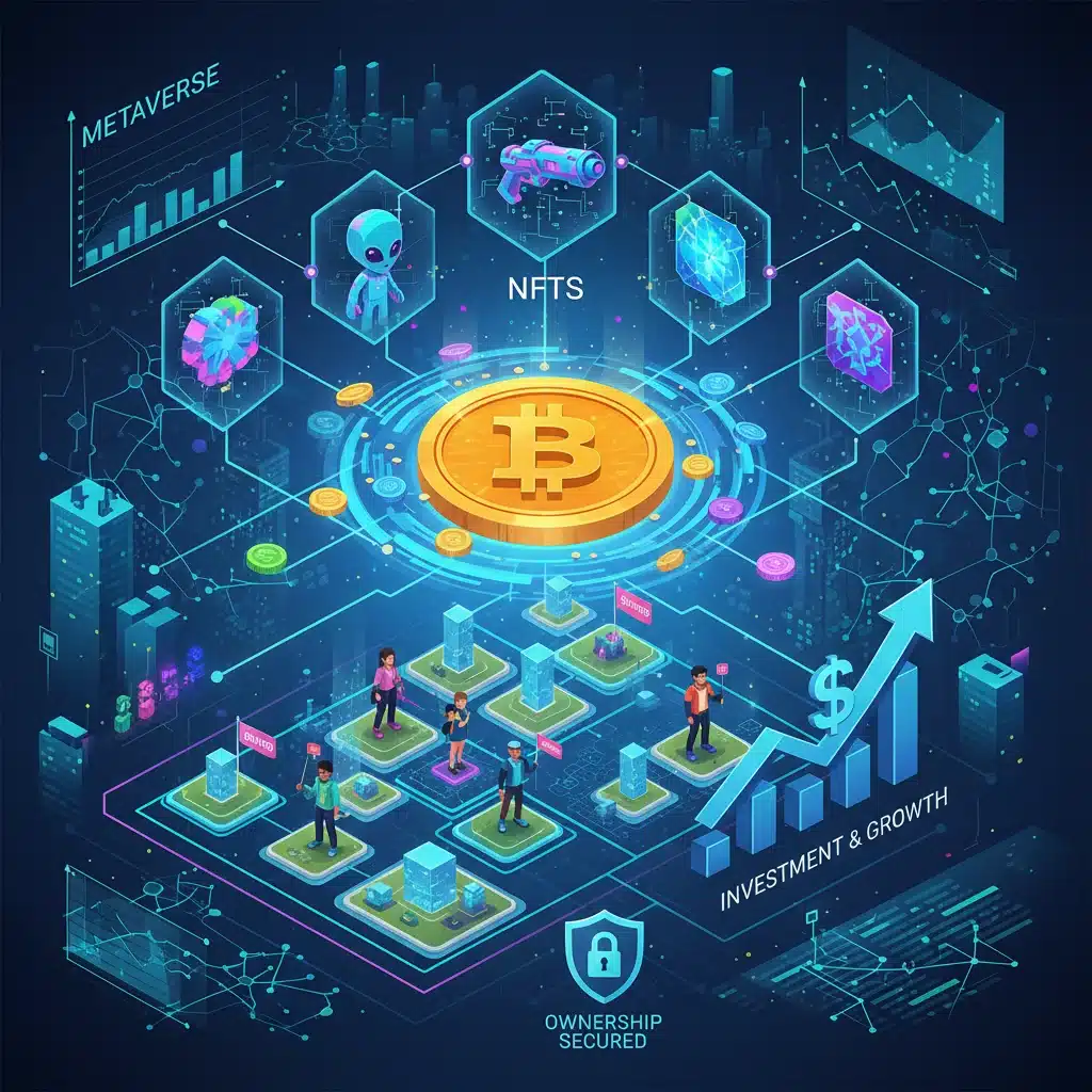Virtual economy graphic with NFTs, crypto, and digital land.