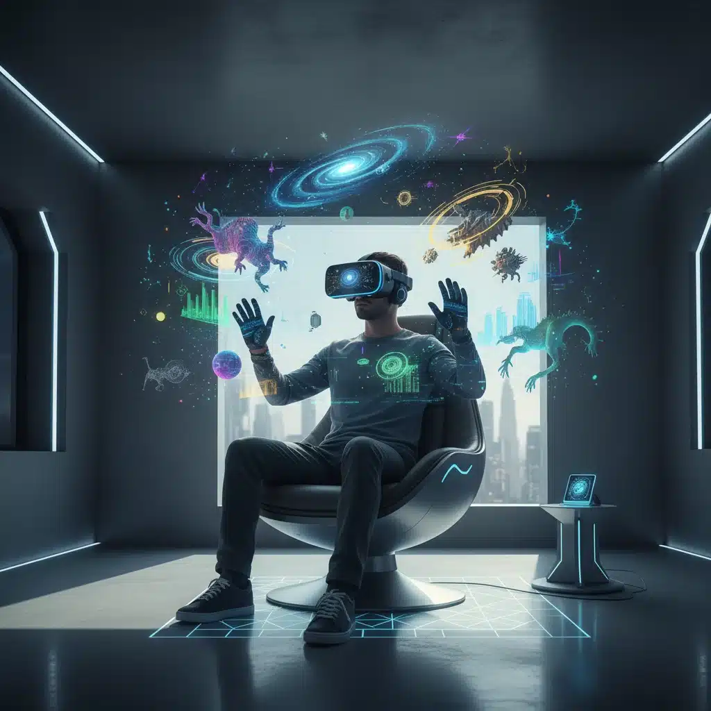 Person immersed in virtual reality gaming, showcasing digital leisure.