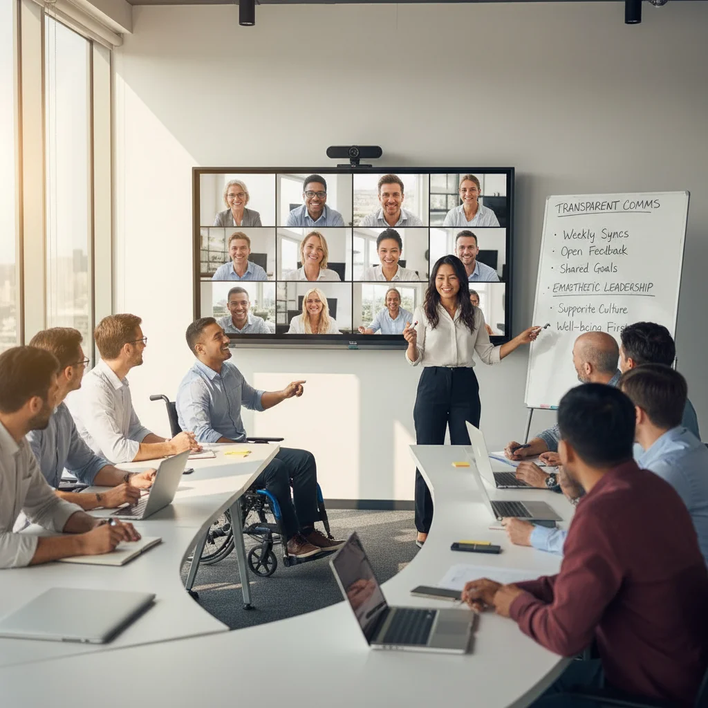 Team engaging in a virtual meeting, demonstrating transparent communication and empathetic leadership.