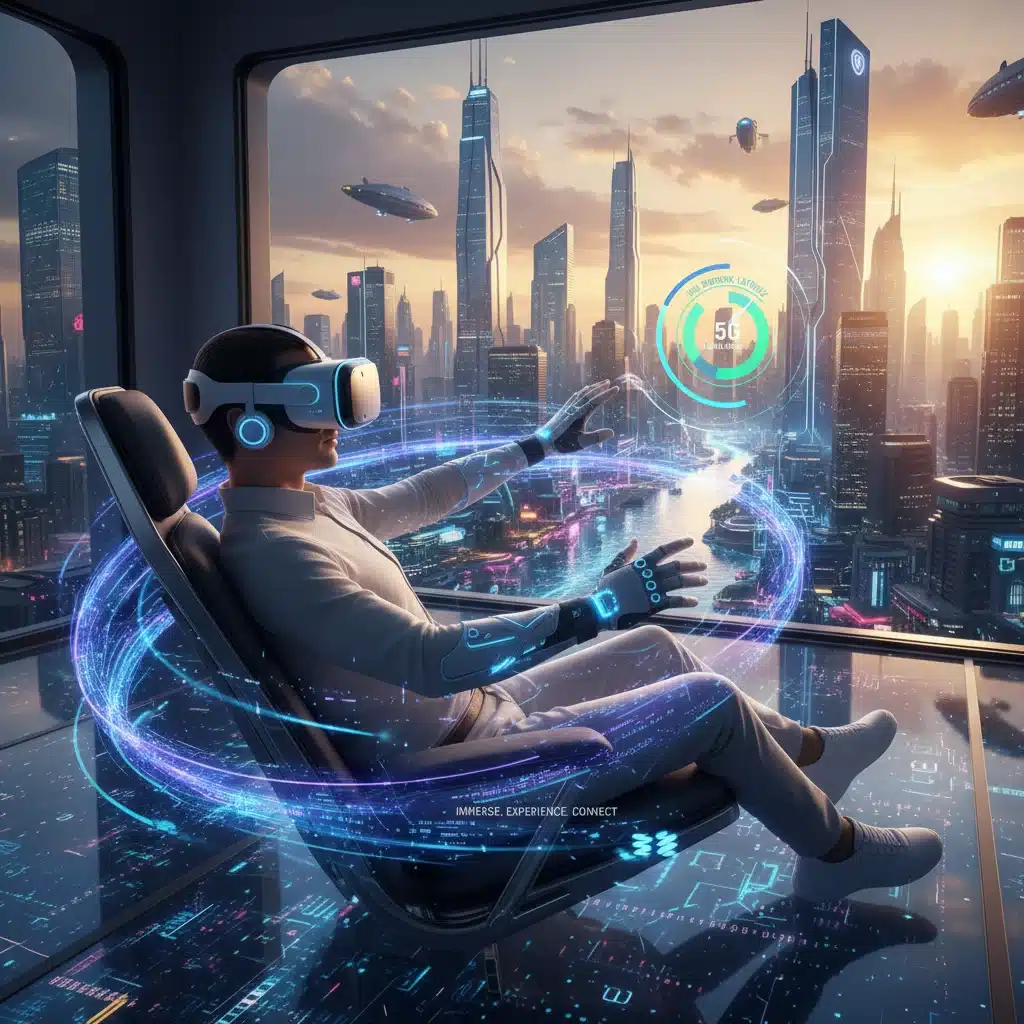 Person using VR headset with smooth, immersive 5G-powered virtual reality.