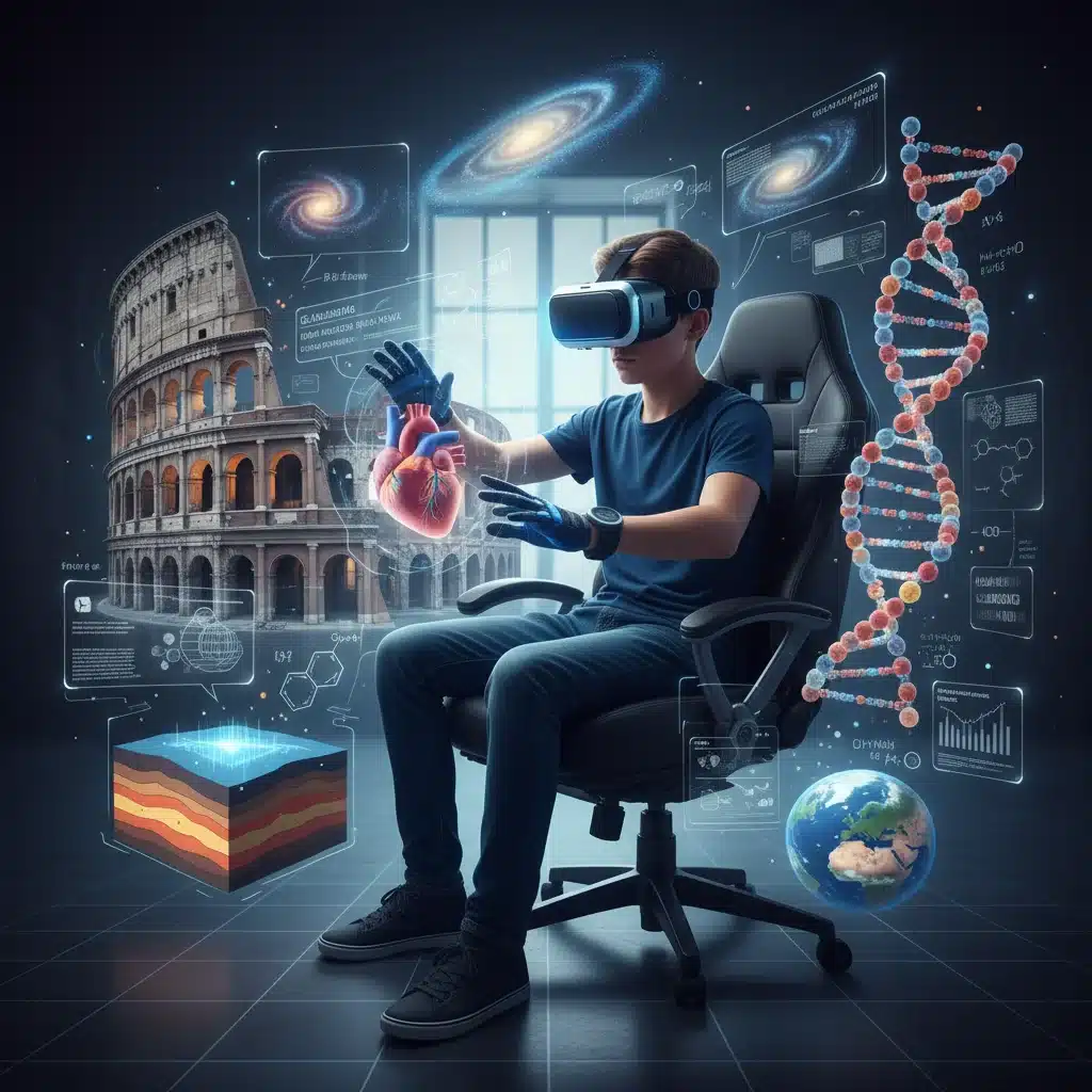 Student in VR goggles experiencing immersive learning environment