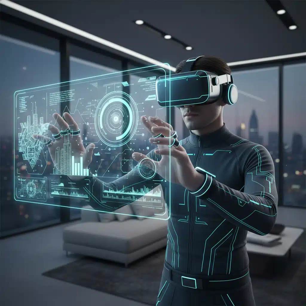Person using VR headset and other wearables for immersive digital interaction