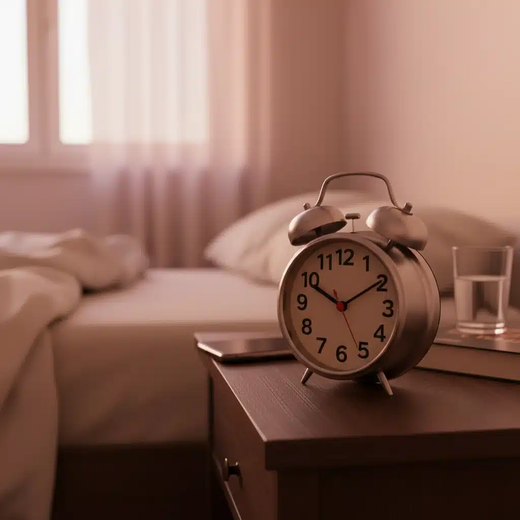 Analog alarm clock with a smartphone placed face down, promoting tech-free sleep.