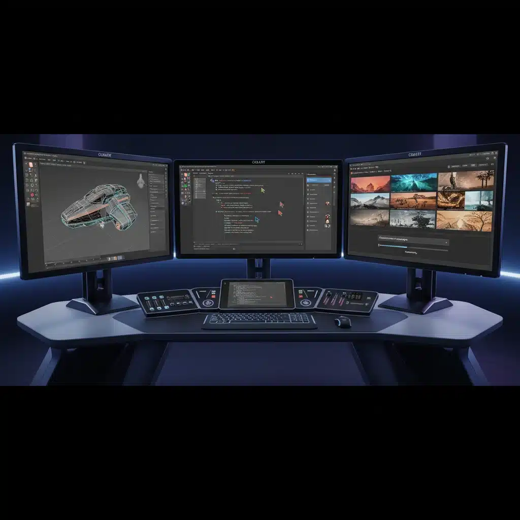 Content creation dashboard with 3D modeling, script editing, and AI tools.