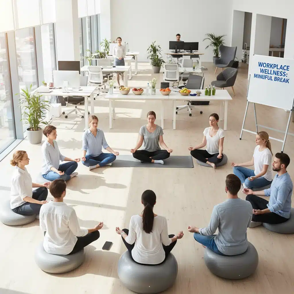 Employees engaged in a corporate mindfulness session, demonstrating workplace wellness initiatives.