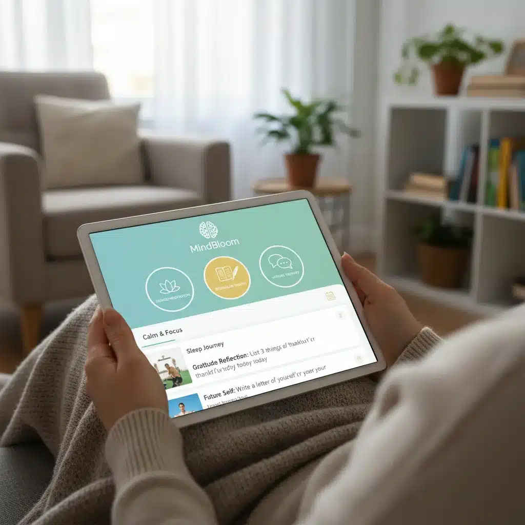 Mental health app interface on a tablet, illustrating digital wellness solutions and virtual therapy.