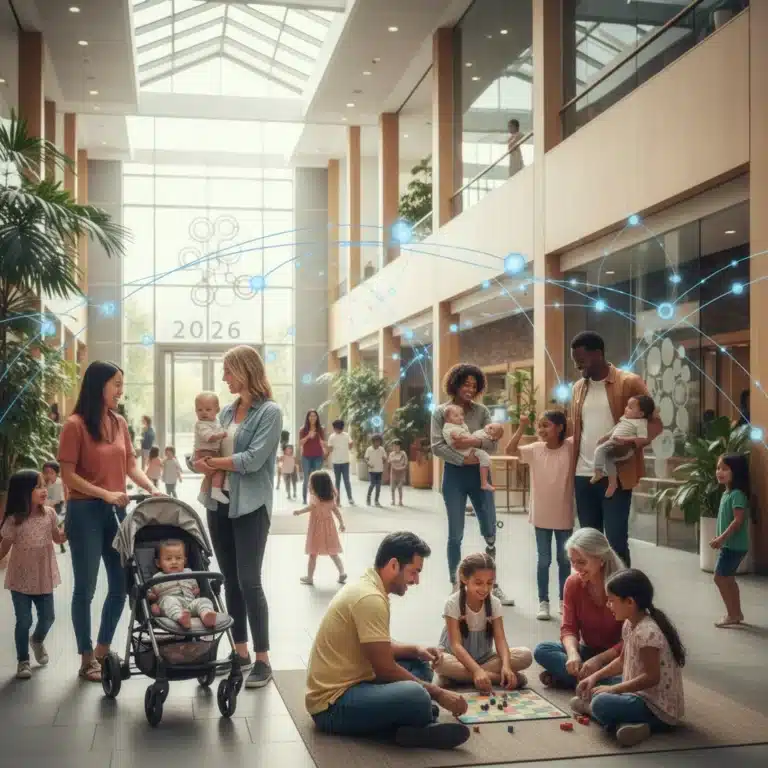 Diverse family structures interacting in a modern setting, representing 2026 trends.