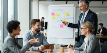 Diverse professionals collaborating in a modern office, representing intergenerational teamwork and positive workplace culture.