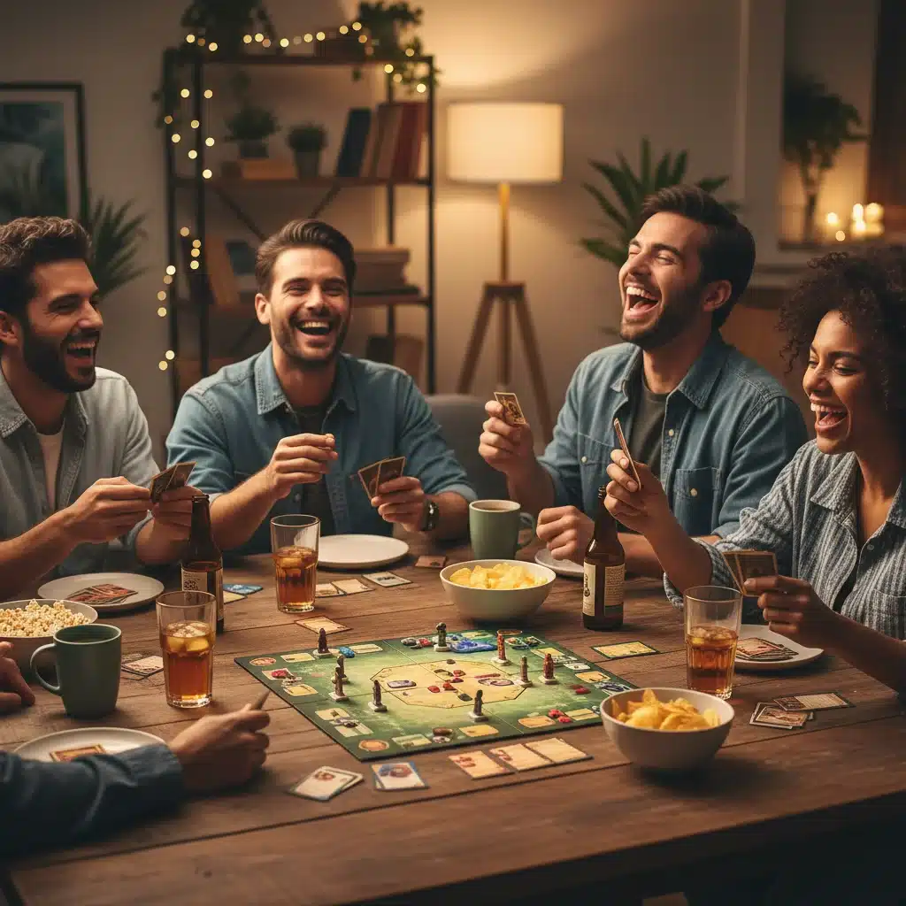 Friends playing a board game, emphasizing social connection in offline activities.