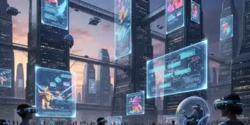 Futuristic city with holographic digital storytelling, people using VR headsets.