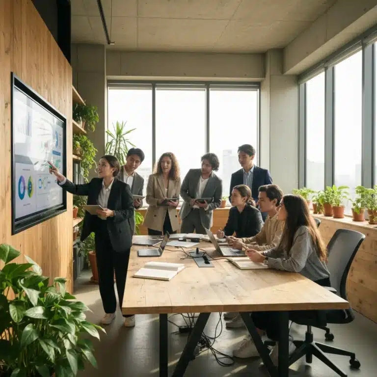 Gen Z professionals collaborating in a modern, tech-enabled office