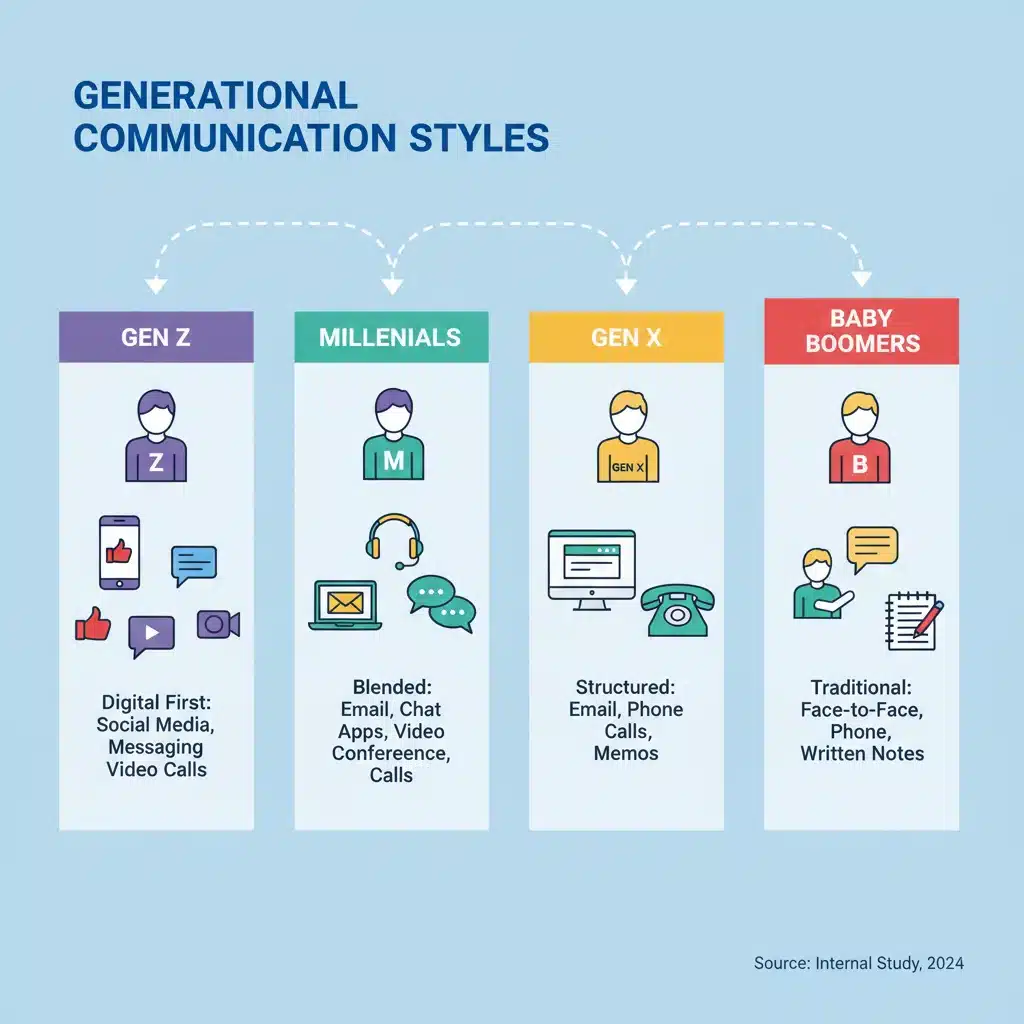 Infographic showing diverse communication styles across different generations in a workplace context.