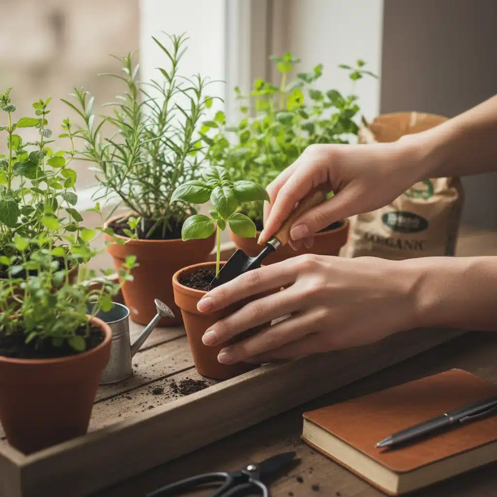 Hands tending to an indoor herb garden, representing nature-based hobbies.