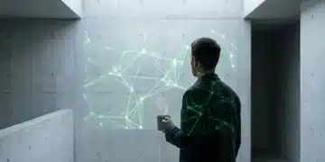 A person from behind, holding a coffee mug, observing a subtle green digital network projected onto a brutalist concrete wall, symbolizing cultural influence on daily habits.