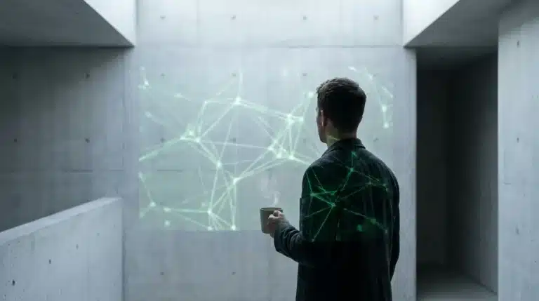 A person from behind, holding a coffee mug, observing a subtle green digital network projected onto a brutalist concrete wall, symbolizing cultural influence on daily habits.