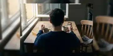 A person in a kitchen stirring coffee, holding a smartphone while a book and newspaper sit nearby, illustrating the blend of analog and digital morning routines.