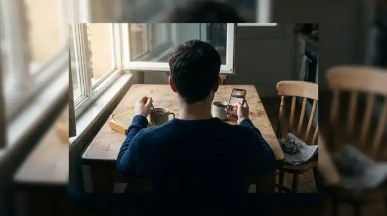A person in a kitchen stirring coffee, holding a smartphone while a book and newspaper sit nearby, illustrating the blend of analog and digital morning routines.