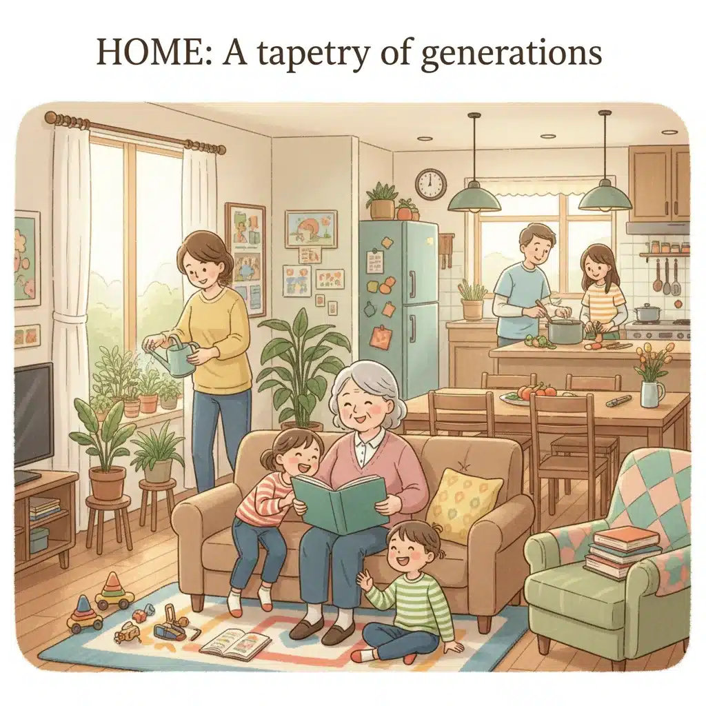 Multi-generational family living together, supporting each other.