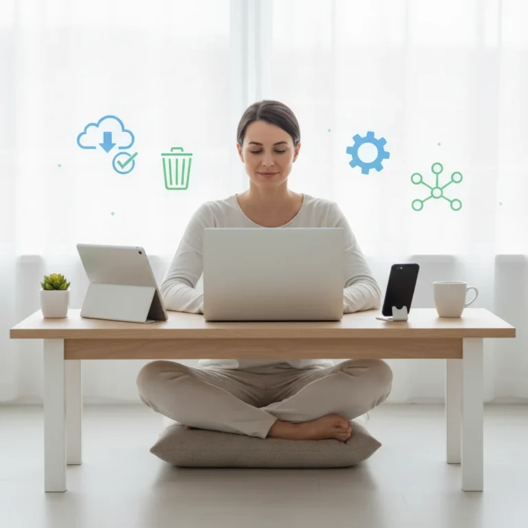 Organized desk with laptop and digital devices, symbolizing digital decluttering and productivity.
