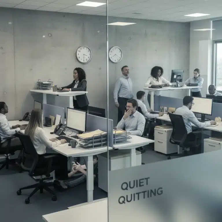 Disengaged office workers exhibiting quiet quitting behaviors in a modern workspace.