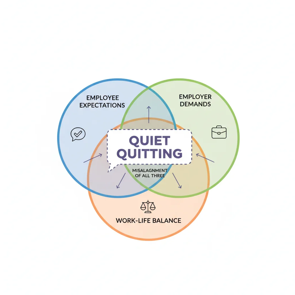 Venn diagram showing the intersection of employee expectations, employer demands, and work-life balance leading to quiet quitting.