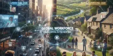 Urban and rural landscapes with digital connections, representing remote work's impact on social capital in 2026.