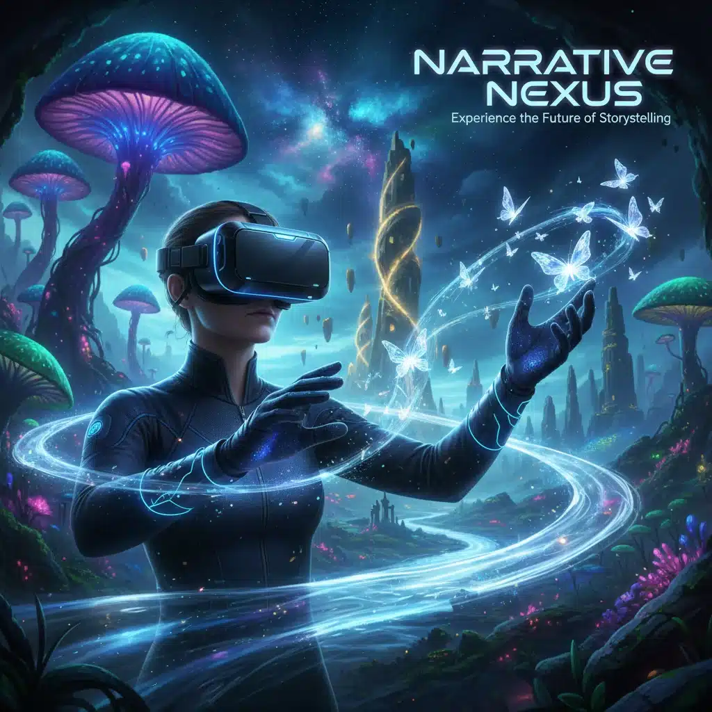 User immersed in virtual reality, interacting with digital storytelling elements.