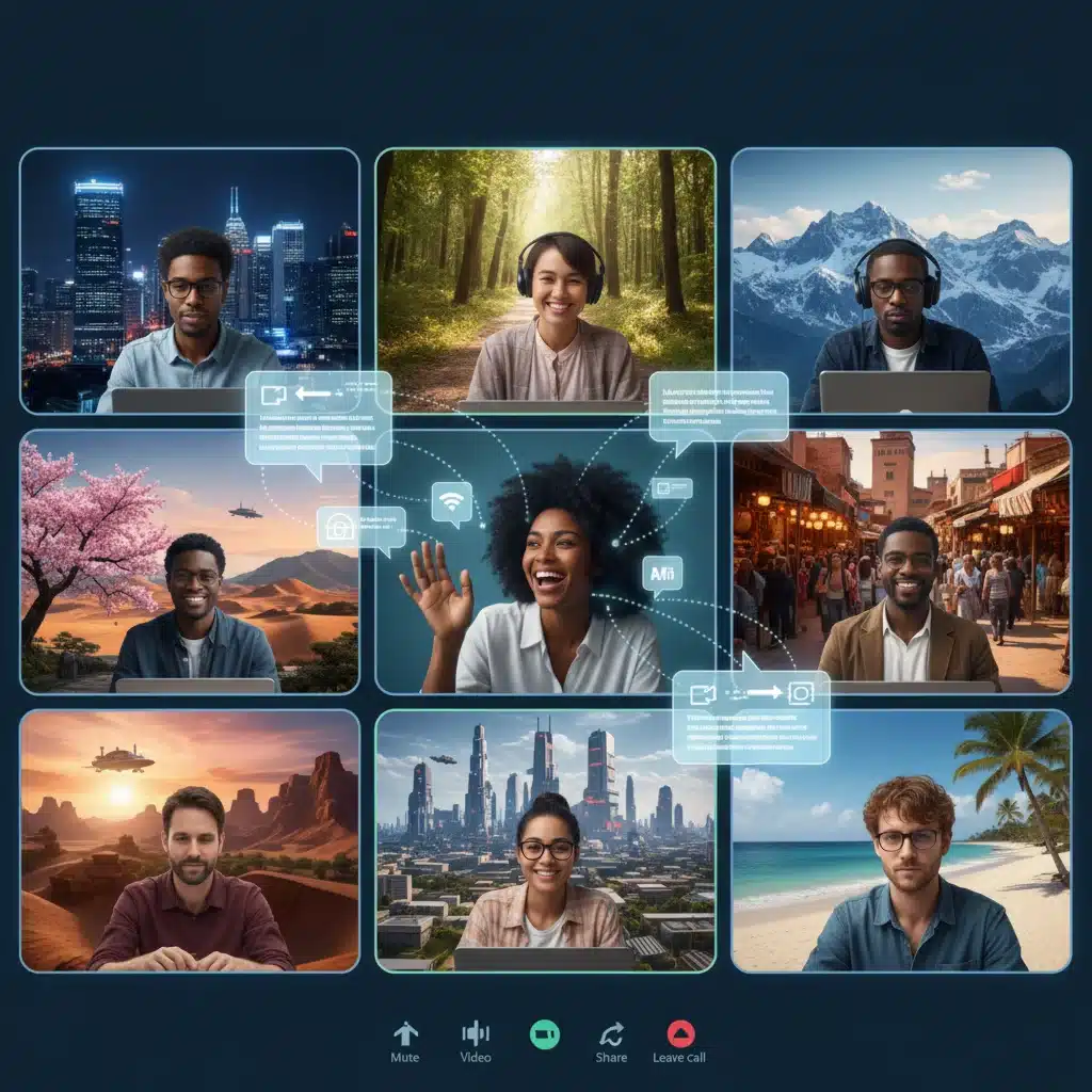 Diverse team collaborating virtually, showcasing digital social interaction in remote work.