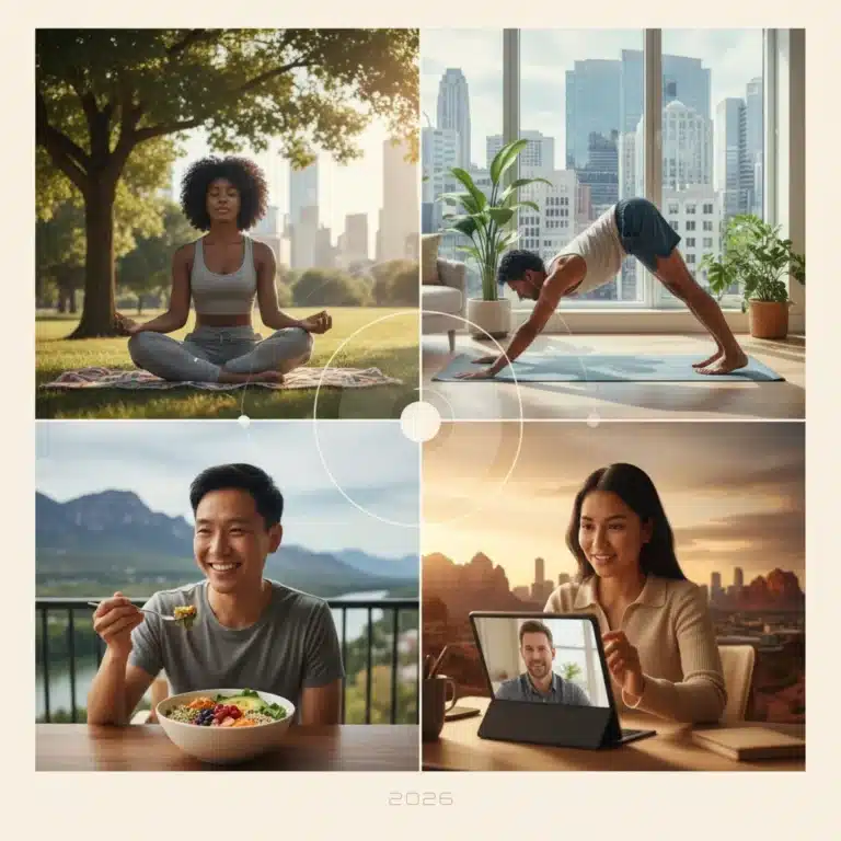 Diverse individuals practicing self-care and mental wellness in modern U.S. settings, reflecting 2026 trends.