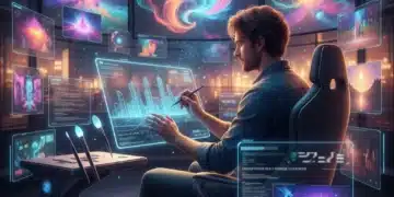 Artist collaborating with AI in a futuristic studio, blending human creativity with artificial intelligence tools.