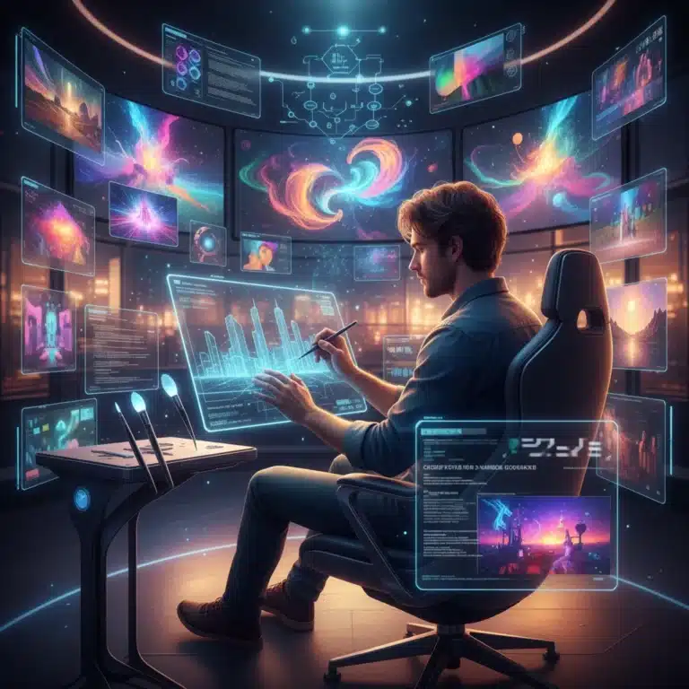 Artist collaborating with AI in a futuristic studio, blending human creativity with artificial intelligence tools.