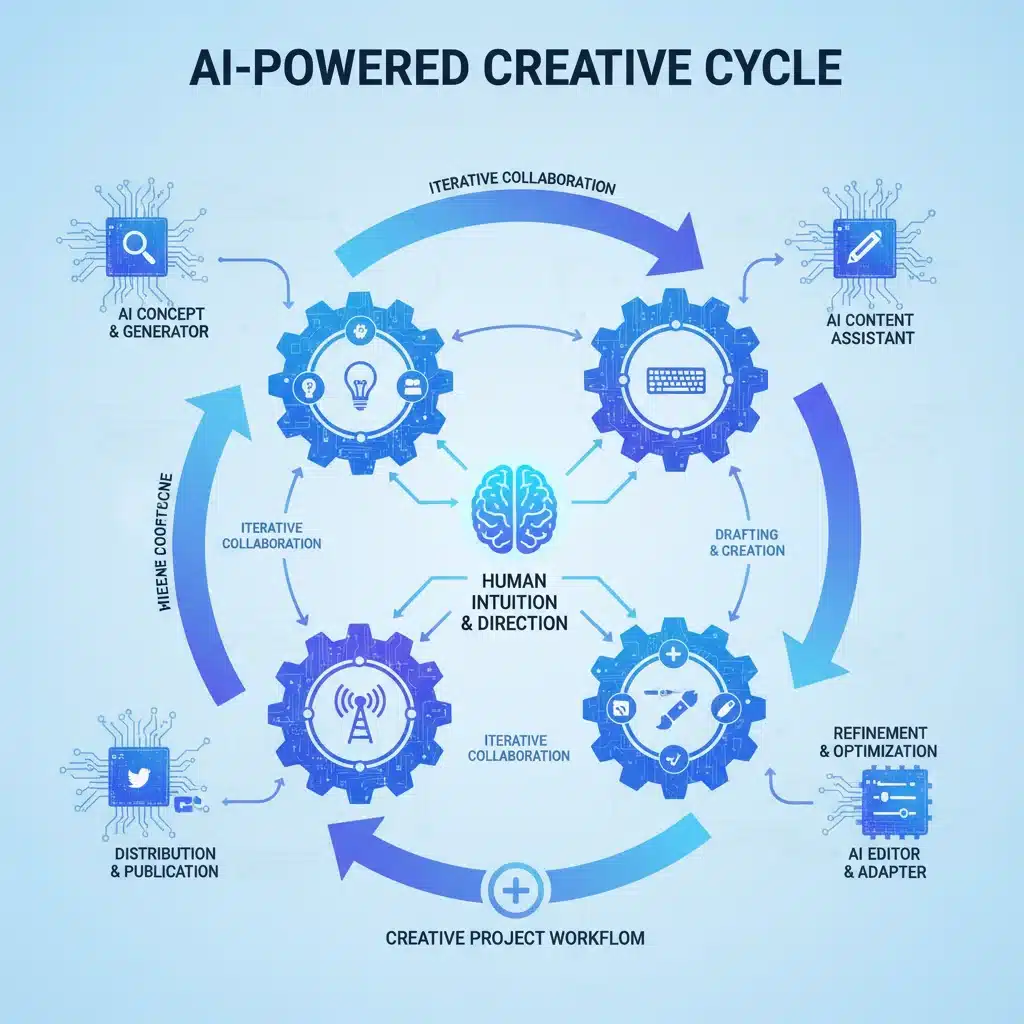 Infographic showing the collaborative creative workflow between human artists and AI tools.