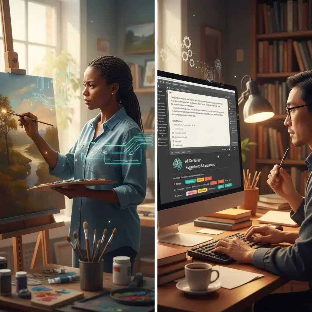 Artists and writers integrating AI tools into traditional creative processes.
