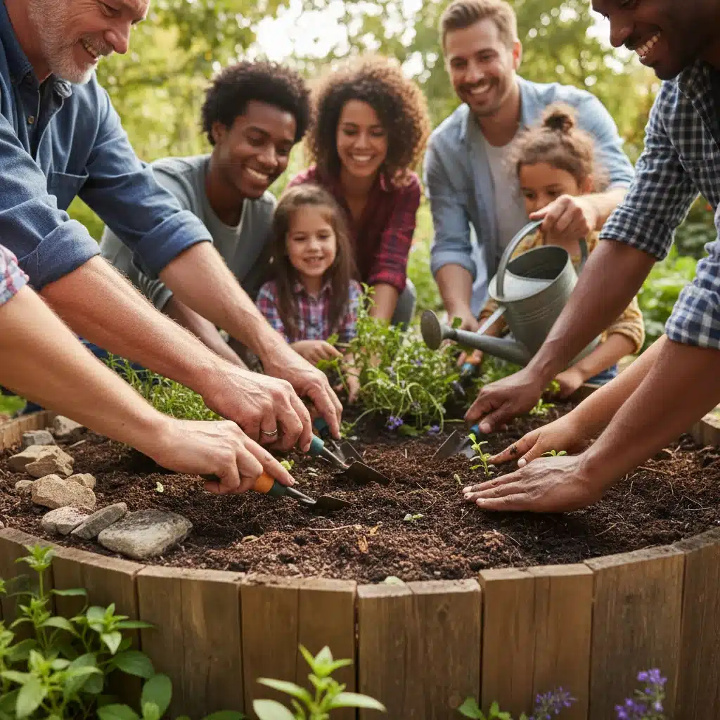Community members collaborating on a shared project, building a garden together.