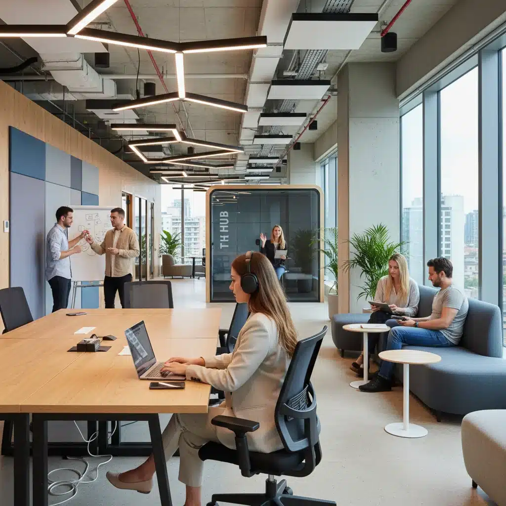 Remote worker in a modern co-working space, focused on a laptop, surrounded by collaborative colleagues.