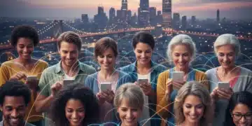 Diverse individuals engaging with digital devices, representing modern online interaction and communication.
