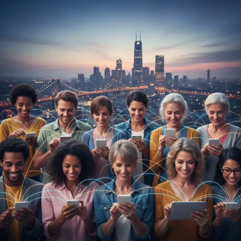 Diverse individuals engaging with digital devices, representing modern online interaction and communication.