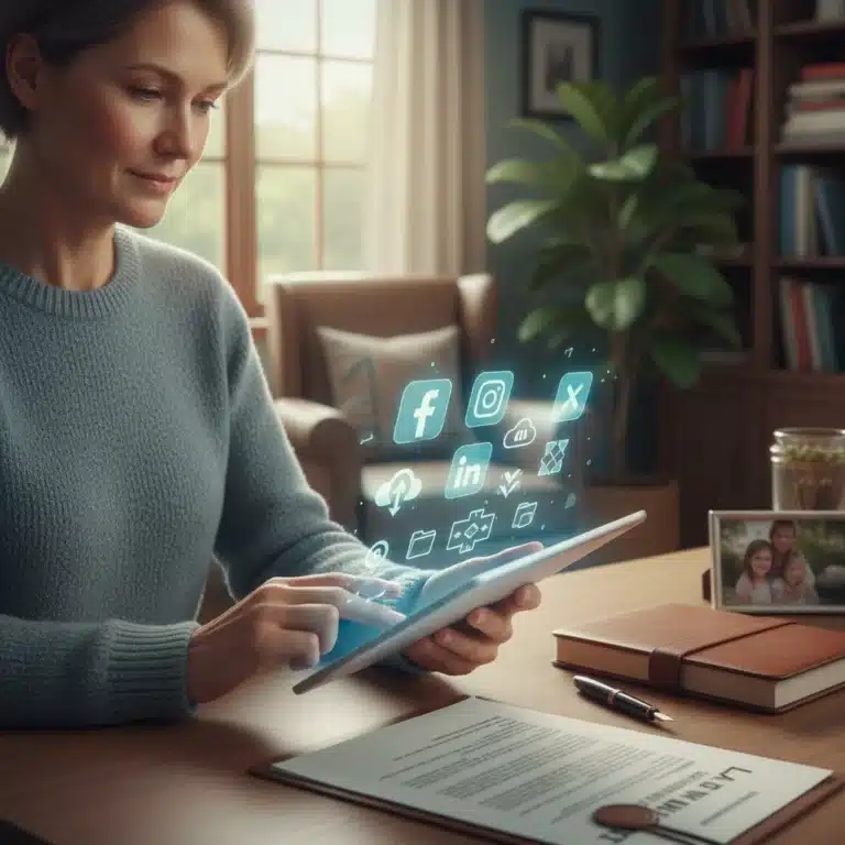 Person planning digital legacy on tablet with online accounts