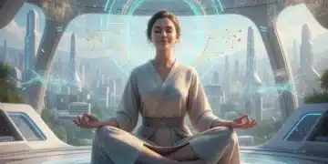 Person meditating with digital halo, symbolizing digital well-being and balance in a futuristic setting.