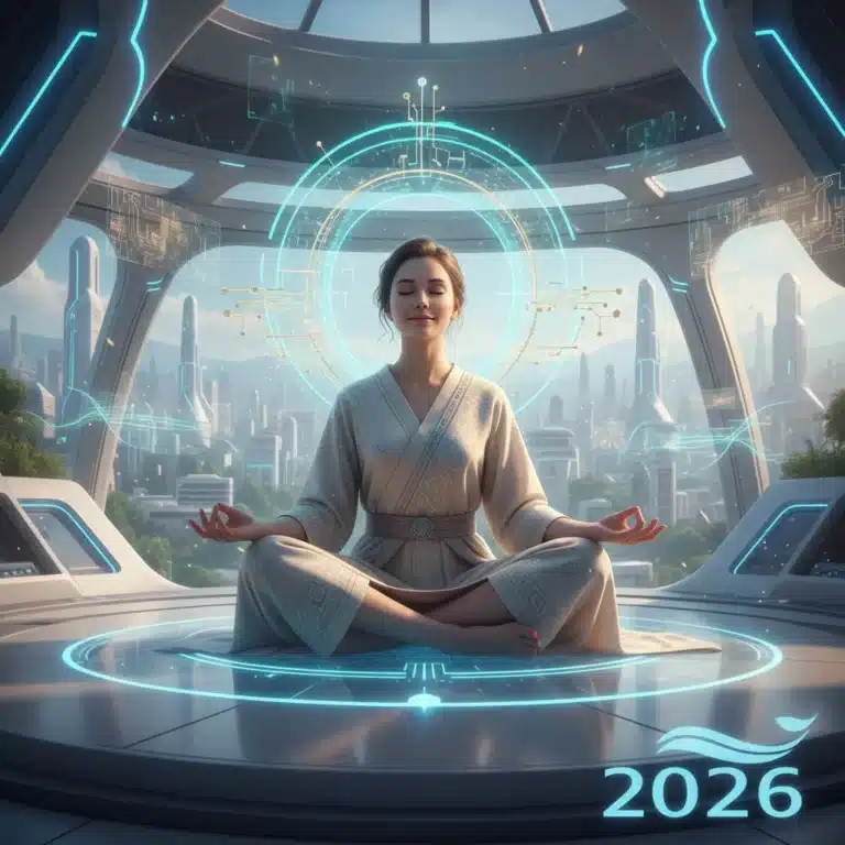 Person meditating with digital halo, symbolizing digital well-being and balance in a futuristic setting.