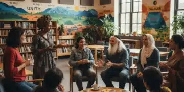 Diverse community members engaging in respectful dialogue to foster empathy and understanding.