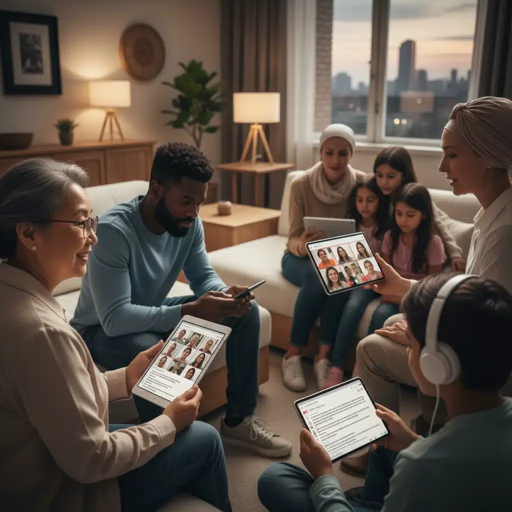 Diverse individuals connecting virtually through digital platforms, showcasing online social interaction.