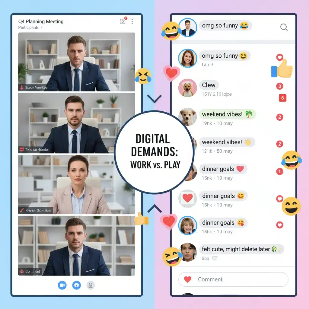 Contrast between formal video conferencing and informal social media interaction, illustrating varied digital etiquette.