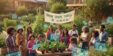 Diverse volunteers working in a community garden, symbolizing future participation