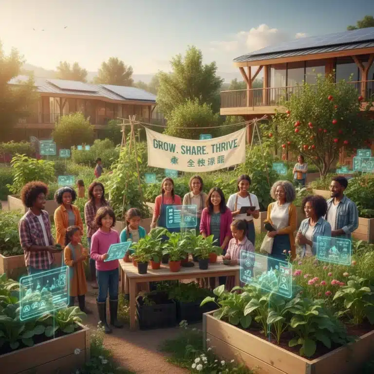 Diverse volunteers working in a community garden, symbolizing future participation