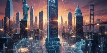 Futuristic digital city with glowing connections, representing modern online community building in the US.